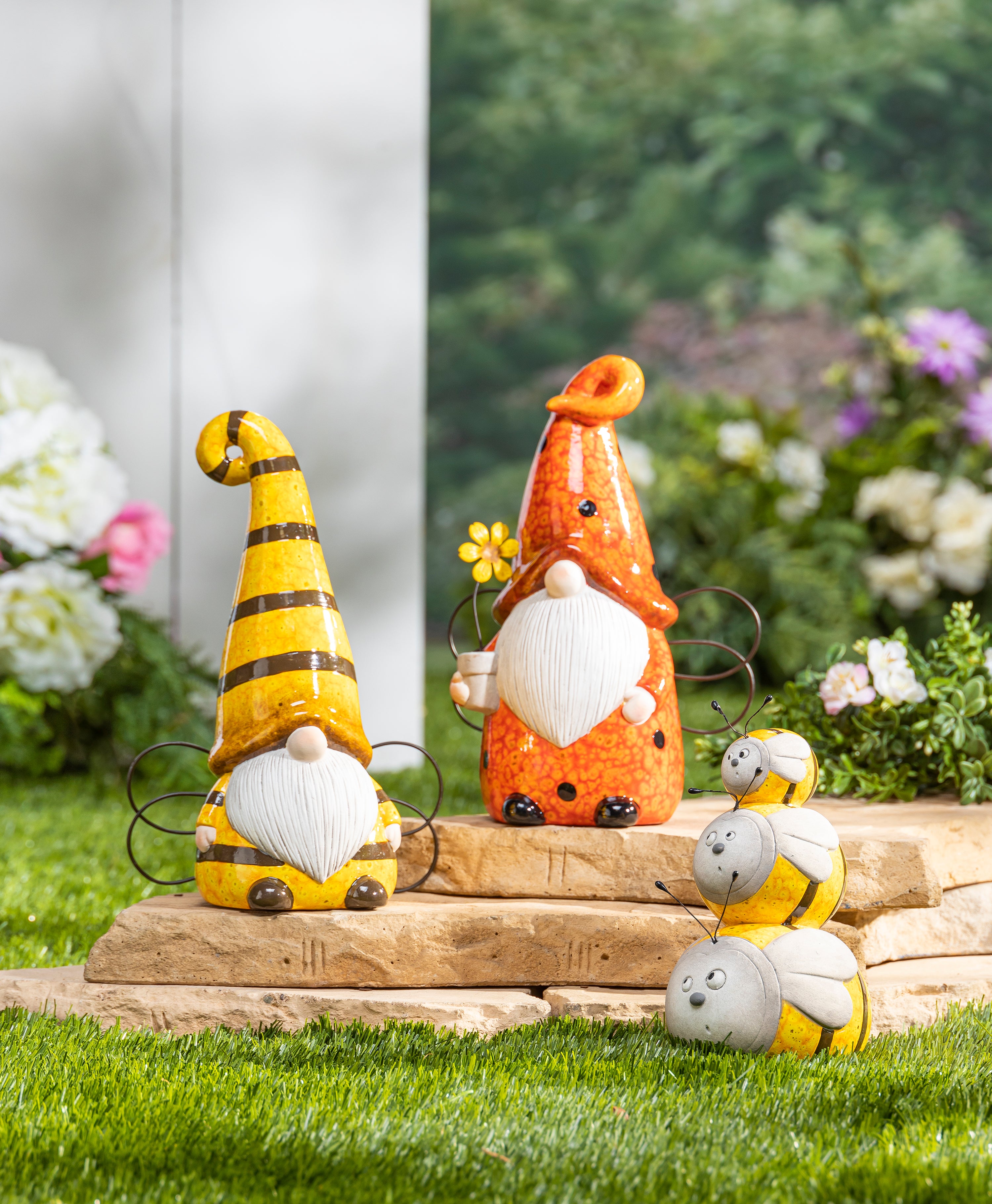 9.8 in. Terracotta Ladybug and Bee Gnome Figurines, set of 2